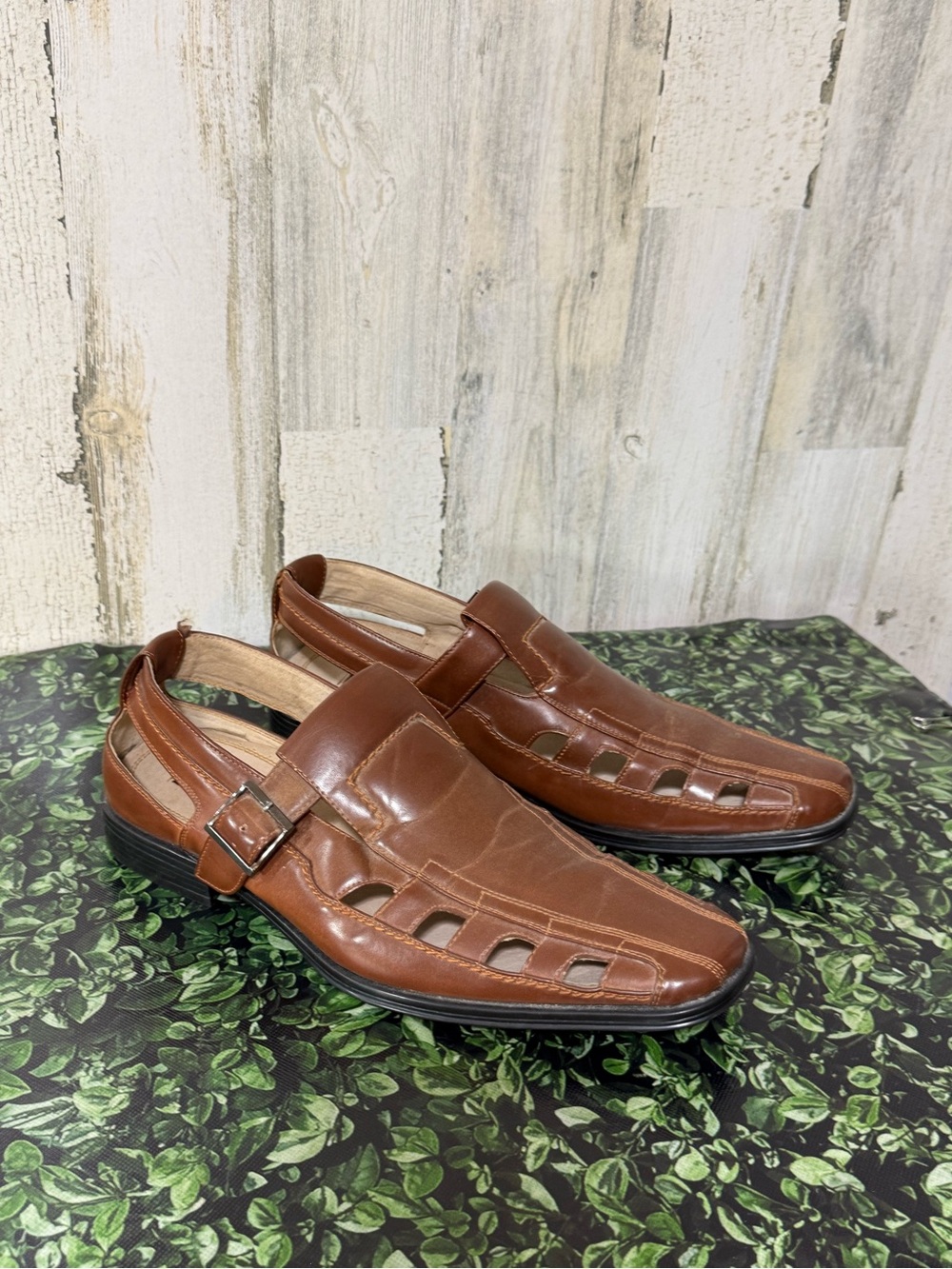 Stacy Adams Brown Leather Slip-On Fisherman Loafers with Buckle Dress Casual